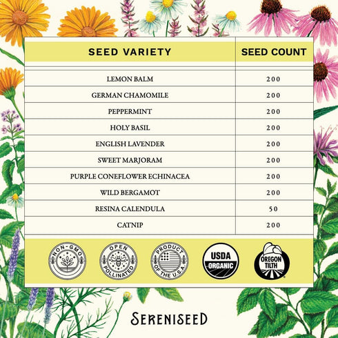 (10-Pack) 100% Sereniseed Certified Organic Herbal Tea Seed Collection Non GMO, Open Pollinated Grow Guide