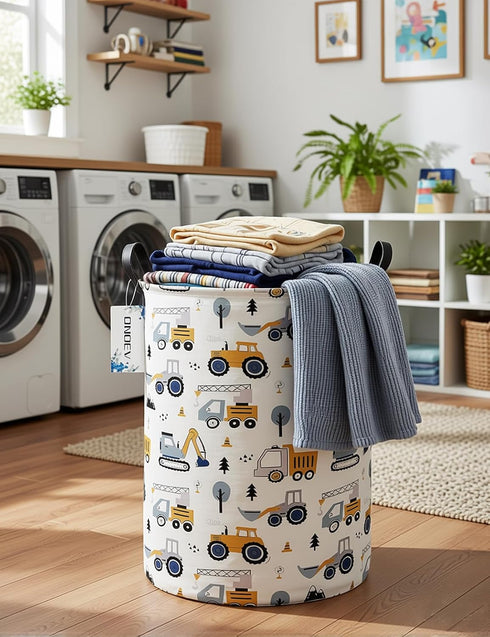 ONOEV Round Construction Truck Collapsible Laundry Hamper for Nursery,Cute Forest Vehicles Excavator Toy Storage Bin