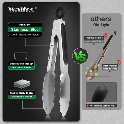 Walfos 7 Inch Small Kitchen Tongs, Mini Silicone Serving Tongs for Cooking, Salad, Grilling, Pasta, Vegetables