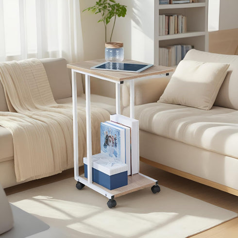 Compact Oak/Wht C Table for Sofa - Ideal Snack & Laptop Stand for Small Spaces