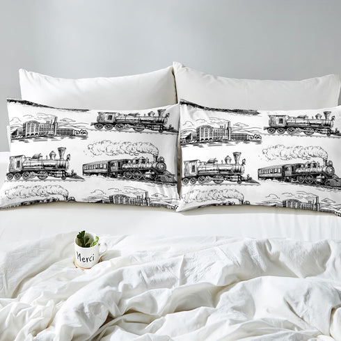 Set 3pcs 1 Manfei Retro Steam Locomotive Twin Size Bedding - with Deep Pocket Fitted Sheet, Flat Sheet, Pillowcase