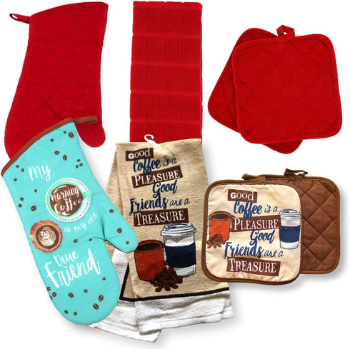 Home Collection Chef-Themed Kitchen Mitts, Pot Holder, & Kitchen Towels Set (Red)