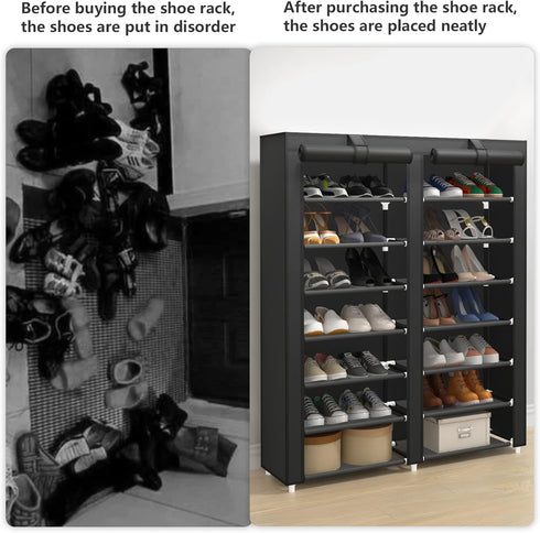 7-Tier Closet 28 JIUYOTREE Shoe Storage Organizer with Dustproof Cover - Cabinet Shelf Holds up to Pairs - For Doorway