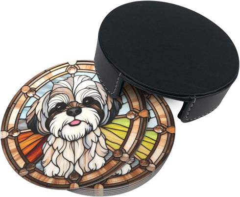 Set 6, Holder,6 Pack Drink Coaster of Shih Tzu Dog Mom Lover Gift,Leather Drink Coasters with Cup/Bar/Drink Coasters