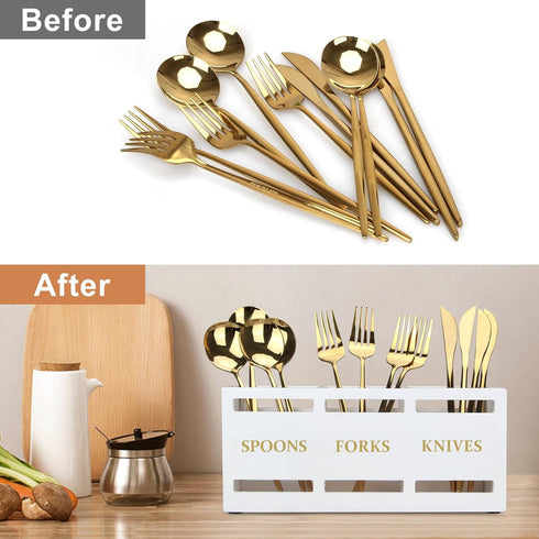 Ayiaren Wood Flatware Silverware Caddy, White Cutlery Holder for Kitchen Utensils Organizer
