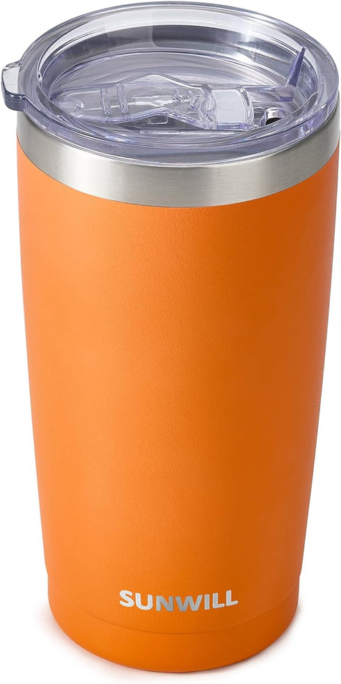 SUNWILL Travel Coffee Tumbler 20 oz - Insulated Mug with Lid, Stainless Steel Cup for Hot and Cold Drinks, Orange