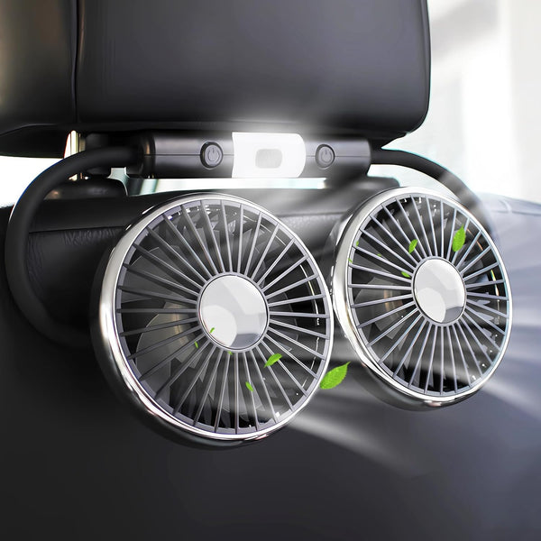 Car Fan, 12V Cooling Fans for Backseat with Night Light, 360° Rotatable Dual Head Fan for Vehicles