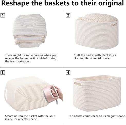 OIAHOMY 4 Pack Storage Baskets for Organizing, Woven Rectangle Baskets with Handles, 12.7''Lx9''Wx7.8''H, White