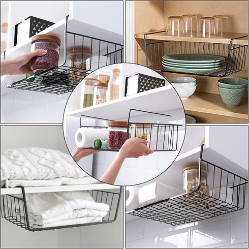 Tebery 4 Pack Black Under Shelf Wire Basket, Hanging Storage Baskets for Kitchen Pantry & Desk
