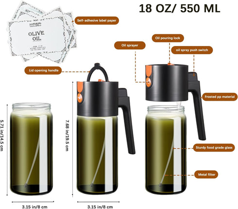 2 1 17oz/500ml Glass In Olive Oil Dispenser Bottle for Kitchen Gadgets, Olive Oil Sprayer for Cooking (Light Blockage