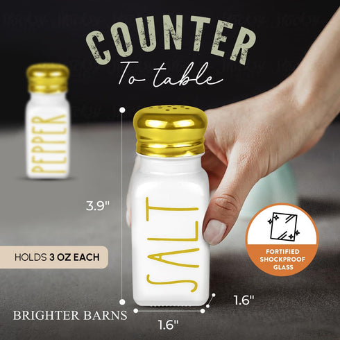 Luxury Gold Salt and Pepper Shakers Set by Brighter Barns, Modern Farmhouse Decor, Glass Shakers & Stainless Steel Lid