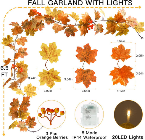 20LED suddus Fall Leaves Garland with Lights, Battery Operated Fall Lights with Timer, Thanksgiving Decoration