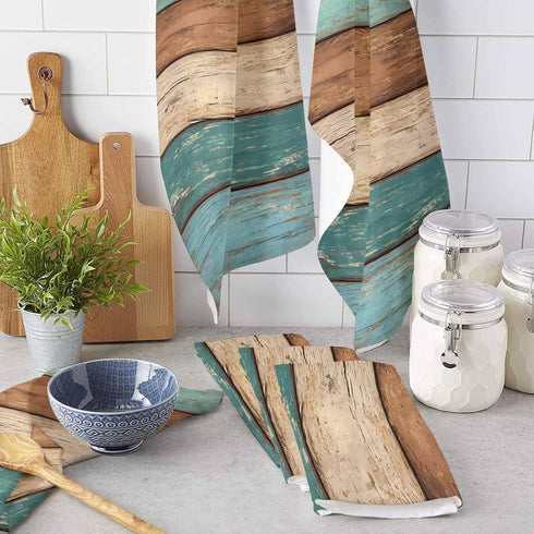 ZOE GARDEN Sets (2-PC) Rustic Teal Green Brown Kitchen Towels,Retro Turquoise Farmhouse Absorbent Microfiber Kitchen