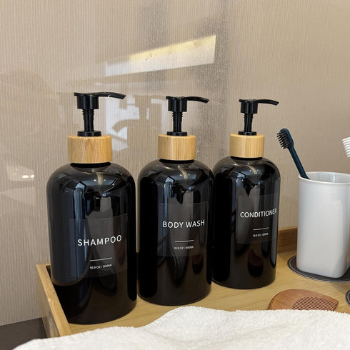 Set Set 3, 16.9oz) Shampoo and Conditioner Dispenser, Refillable Plastic Shampoo Pump Bottles with Waterproof Labels