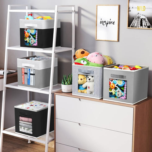 Cube Storage Bins - Fabric Shelves for Closet Organization, Foldable Storage Bins for Clothes, Decorative Storage Baskets with Window for Home, Set of 6, Black