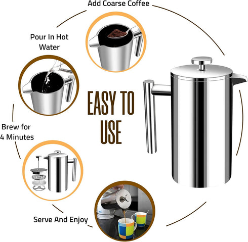 Utopia Kitchen 32 Oz Stainless Steel French Press Coffee Maker, Portable Travel Tea Press, Silver