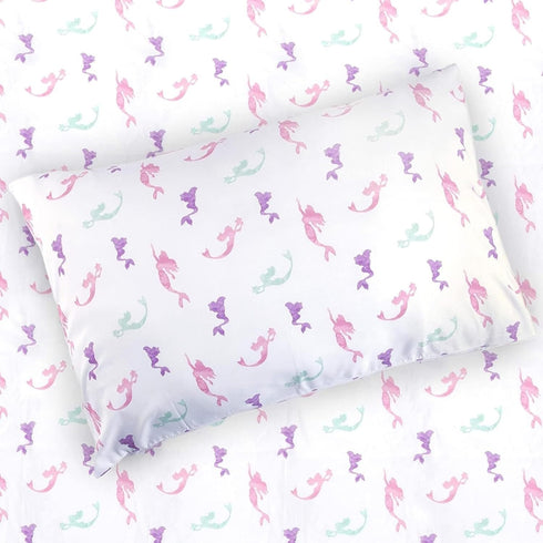 3-Piece Multicolored Mermaid Sheet Set for Kids & Girls, 1 Twin Flat Sheet, 1 Twin Fitted Sheet & 1 Queen Pillowcase