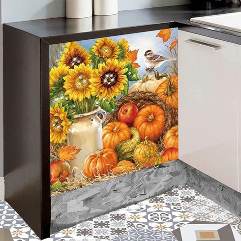 Fall Bountiful Harvest Magnetic Dishwasher Cover Decal, Pumpkins Sunflowers Design, 23" x 26"