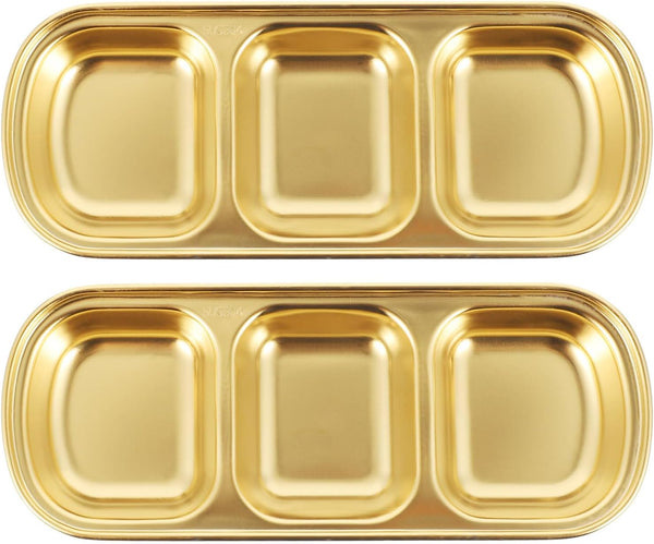 DOITOOL 2Pcs Stainless Steel Dipping Bowls, 3 Compartment Appetizer Serving Tray for Soy Sauce, Ketchup, BBQ (Gold)
