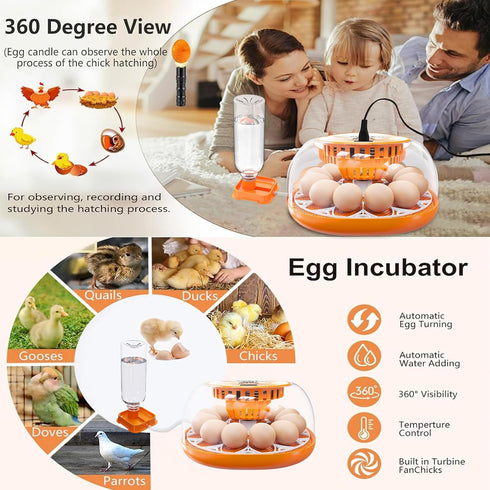 12 Egg Incubator with Automatic Egg Turning and Temperature Control, Automatic Water Adding, LED Egg Candler
