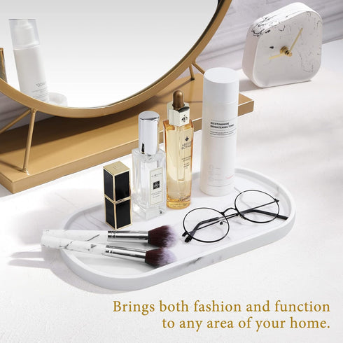 Luxspire Vanity Tray, Oval Toilet Tank Storage Tray for Bathroom Countertop Organization, Medium Marble White