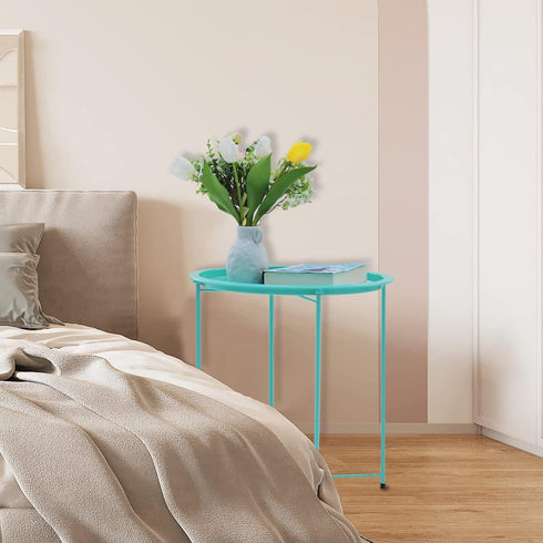 4 Garden you End Table Metal Side Table Green Round Folding Tray Cyan Sofa Small Accent Fold-able Table, Round End
