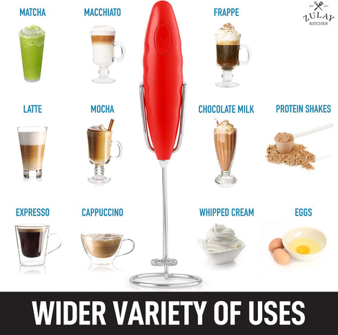 Zulay Double Grip Milk Frother with Holster Stand Handheld Electric Coffee Frother, One-Touch Foam Maker Detachable SS