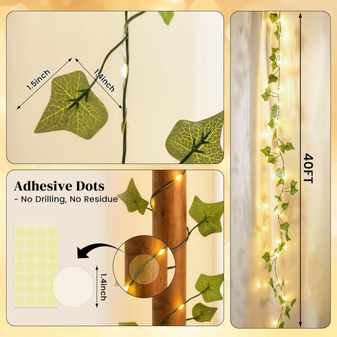 40Ft 120 DomeStar Vines with Light for Bedroom, LED Fairy Lights with Vines, Curtain String Lights with Remote