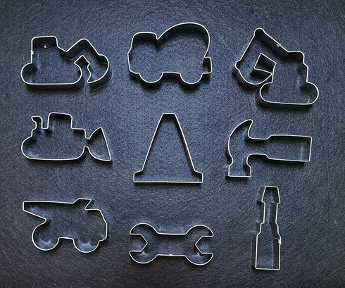 Construction Cookie Cutter Set - 9 Piece, 3 Inches, Excavator, Digger, Dump Truck, Tools for Kids Party