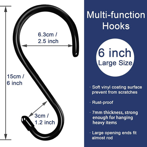 HiGift 6 Inch Large S Hooks - Non Slip Vinyl Coated Heavy Duty Hooks for Hanging Plants and Clothes