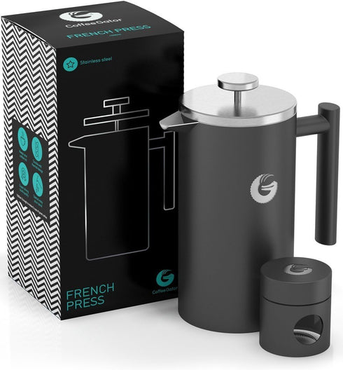 Coffee Gator 34oz French Press Coffee Maker, Thermal Insulated Brewer with Travel Jar, Double Wall Stainless Steel