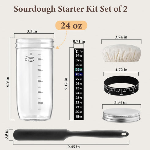 2 Pack, 24 oz Glass Sourdough Starter Jar Wide Mouth Organic Sourdough Starter Kit with Date Marked Band, Thermometer