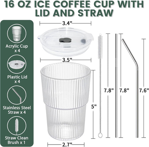 HIGIINC 4 16 OZ Set,Clear Iced Coffee Cups With Lids and Straws Pcs, Unbreakable Glasses Drinking Plastic Cups Reusable