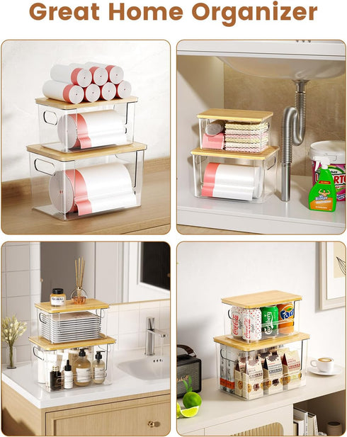 2 Pack, 4-33 Trash Bag Dispenser Stackable Trash Bag Holder with Bamboo Lid Clear Plastic Garbage Bag Organizer for Gal