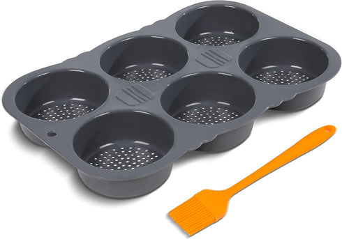 Hamburger Bun Pan Non-Stick Silicone Baking Mold, 4-in Cups, 6-Cavity Perforated - Includes Basting Brush