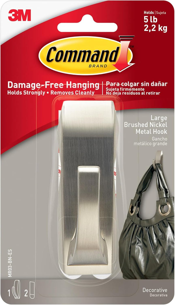 Command Large Modern Reflections Metal Hook, Brushed Nickel, 1-Hook, 2-Strips