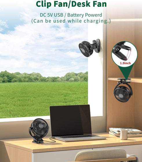 Dorobeen Portable Clip-On Fan, 5000mAh Battery Powered, 3 Speed Quiet Mini Desk Fan for Home Office Stroller Camping