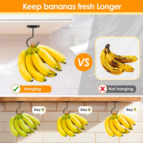 Counter Self Adhesive Banana Hook Under Cabinet Foldable Banana Hanger Black Metal Under Banana Hook to Keep Bananas