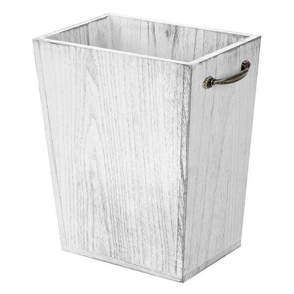 Rustic Farmhouse Wood Wastebasket Trash Can, Square Garbage Container Bin with Decorative Metal Handle for Home