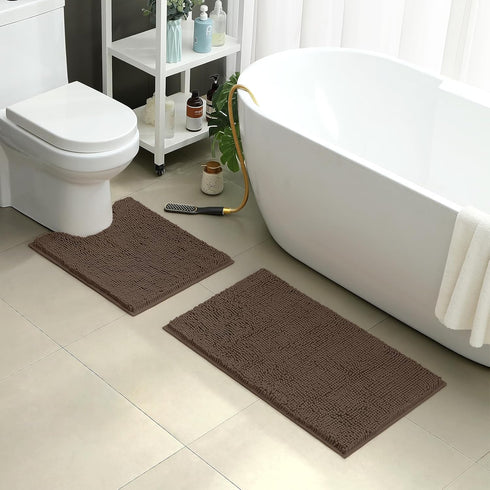 HOMEIDEAS Bathroom Rugs Set - 2 Pieces Ultra Soft Non Slip Absorbent Chenille Bath Mat Set (Brown)