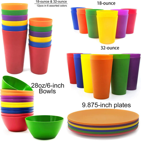 Plastic Bowls Set of 12, Unbreakable 6-inch Cereal/Soup/Salad Bowls, Microwave/Dishwasher Safe, BPA Free