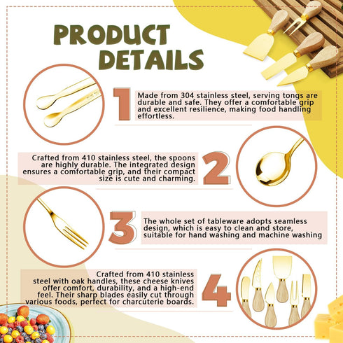 Gold Charcuterie Utensils Set, Cheese Butter Spreader Knife with Wooden Handles, Small Serving Tongs and Forks