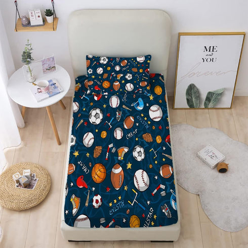 3D Set Boys Sports Fitted Sheet Twin Size Soccer Basketball Baseball Football Bedding for Kids Teens Bedroom Comfy Deep