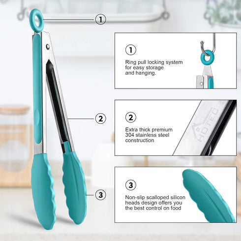 HOTEC Premium Stainless Steel Locking Kitchen Tongs Set of 2, 9" and 12", with Silicone Tips, Blue