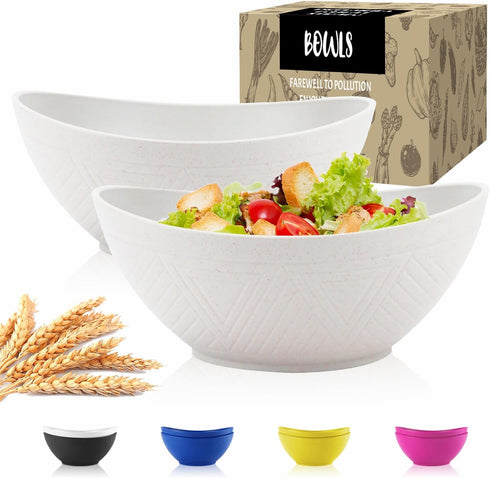 Wheat Straw Bowls Set of 2 - Unbreakable Salad Bowls, Plastic Dishwasher & Microwave Safe, Sturdy Kitchen Bowls for