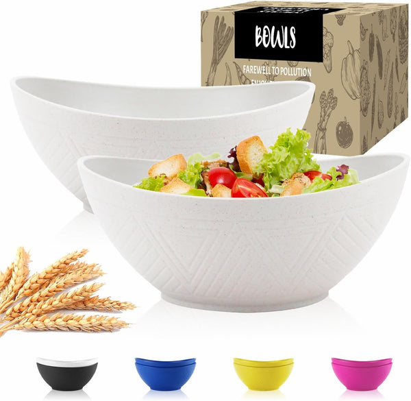 Wheat Straw Bowls Set of 2 - Unbreakable Salad Bowls, Plastic Dishwasher & Microwave Safe, Sturdy Kitchen Bowls for