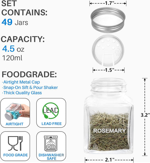 49-Pack 372 49 4.5 oz MIUKAA Cube Glass Spice Jars with Labels, Shakers, Lids, Empty Square Spice Bottle, Reusable