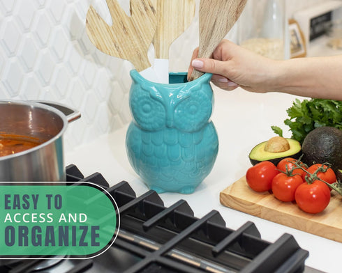 Comfify Decorative Owl Utensil Holder, Aqua Blue Ceramic Cookware Crock & Organizer, 5” x 7” x 4” Size