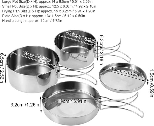 4 Pcs Portable Cookware Set, Stainless Steel Combination Cookware Camping Kitchenware Pan Pot Plate Tableware for Outdoor Cooking by Buachois