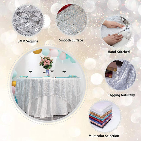 Silver Sequin Tablecloth, 50" x 80" Rectangle Sparkle Table Cover, Glitter Metal Table Overlay for Parties, Weddings,